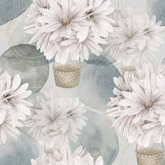 Abstract print with  daisy hot air balloon, geometric shapes and golden elements on grey background. Watercolor seamless pattern. Hand drawn marble illustration. Mixed media art © natikka