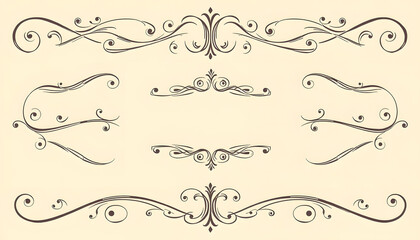 Calligraphic design elements . Decorative swirls or scrolls, vintage frames , flourishes, labels and dividers, one line art, with white tones