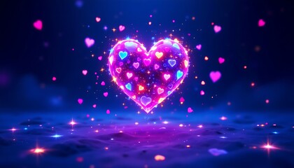 A sparkling pink heart floating in the air with glowing navy blue light background