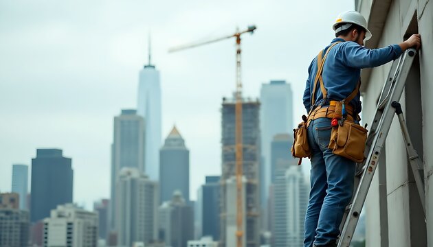 A construction worker with a tool belt, standing on a ladder and working on a building with various buildings in cityscape view in the background