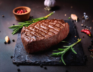 Grilled sliced Beef Steak with tomatoes and rosemary on a plate Isolated on white background top view