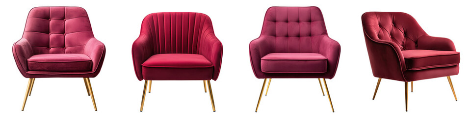 Luxurious burgundy velvet armchairs with tufted detailing and gold metal legs in a modern ...