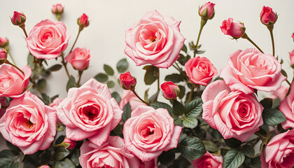 Naklejka premium Beautiful pink roses and garden flowers. Floral vintage seamless pattern, studio photography, with white tones