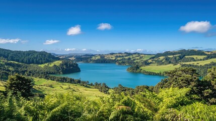 Naklejka premium A scenic view of a calm lake surrounded by lush green forests under a clear blue sky.