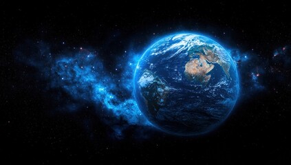 Obraz premium A glowing planet with a bright blue ocean surrounding it