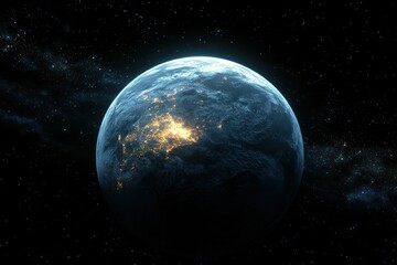 Obraz premium A blue and white planet with a starry sky in the background