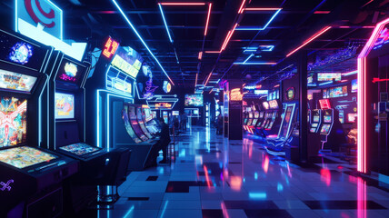 A neon-lit arcade filled with classic game machines, futuristic VR booths, and players immersed in their virtual worlds, glowing with vibrant lights and retro-futuristic aesthetics.