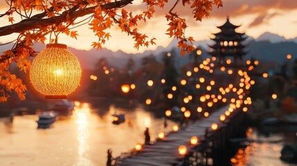Fototapeta premium Serene Autumn Sunset Illuminated Bridge Lantern and Maple Leaves
