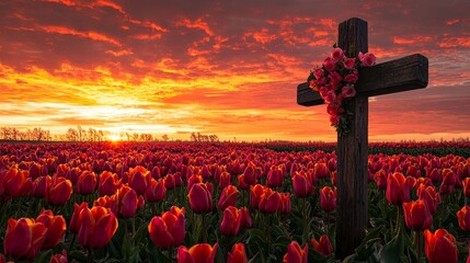 Wooden Cross with Flowers Amid a Field of Tulips at Sunset