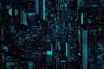 Abstract close-up of a glowing blue digital circuit board, showcasing intricate connections and technological design on a black background.
