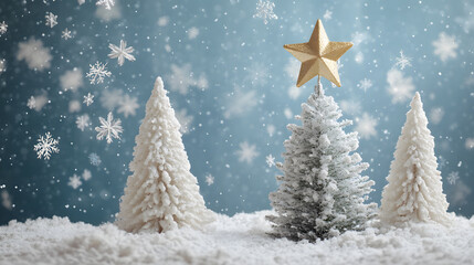 Obraz premium Minimalist Christmas Scene with White Paper Trees and Star on Snowy Background