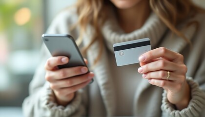 Closeup of a woman hands holding a mobile phone and a credit card for online payment, financial business concept