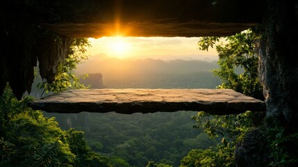 Fototapeta premium Majestic Sunset View from Overhanging Rock Platform in Lush Jungle Landscape