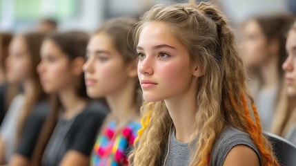 Fototapeta na wymiar Young woman with blonde hair and orange highlights attentively listening in a crowd.