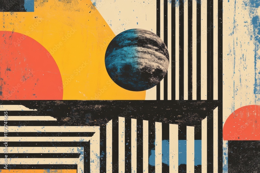 Poster retro risograph artwork featuring vibrant planets and bold geometric shapes in a whimsical universe.