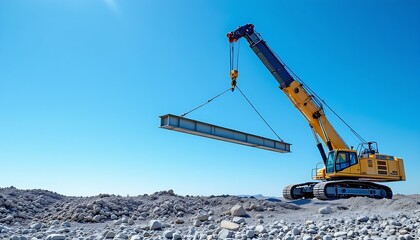 A construction site with a crane lifting a steel beam on the gravel ground against blue sky 