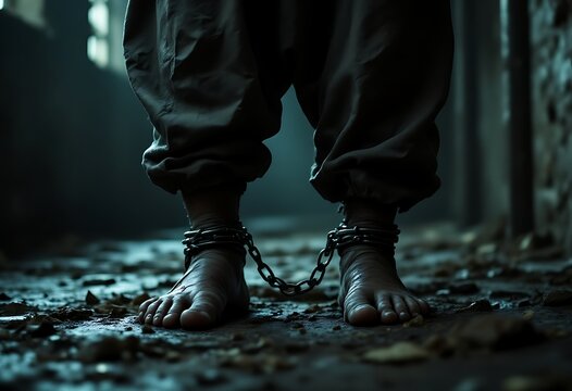 Cinematic scene with closeup of a prisoner legs with a rustic fetters around their ankles standing in the dirty prison