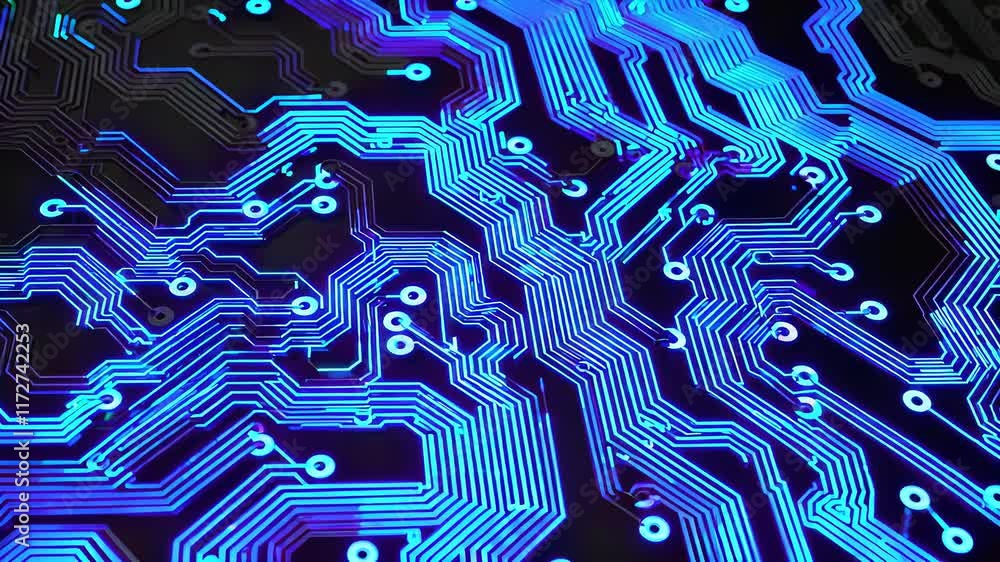 Poster close-up view of intricate blue circuit board patterns showcasing modern technology elements