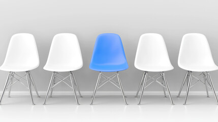 Blue chair standing out from the crowd row of white chairs features one standout blue chair, creating striking contrast. Business concept