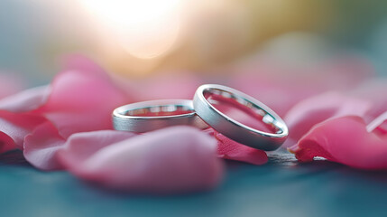 Close up of intertwined wedding rings on pink rose petals, symbolizing love