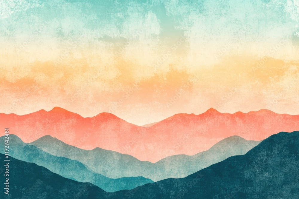 Poster retrofuturistic mountain landscape with soft colors and artistic textures at sunset. generative ai
