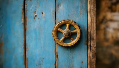 Fototapeta premium Rustic aged yellow metal wheel on weathered blue wooden door. Perfect for vintage, industrial, or rustic design projects.
