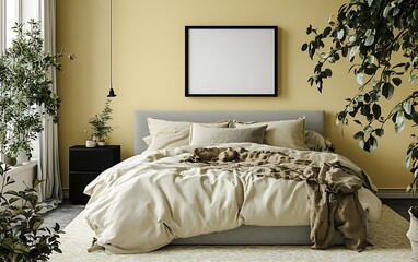 Cozy bedroom interior design, plants, yellow wall, mockup frame.