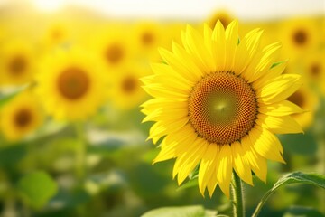 Fototapeta premium Bright sunflower in focus amid a field of sunflowers, sunny natural background, detailed petals, concept of nature's beauty. Ai generative