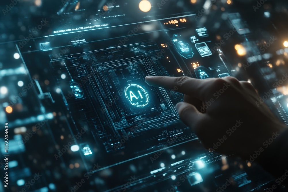 Poster futuristic virtual display screen featuring artificial intelligence elements with glowing letters an