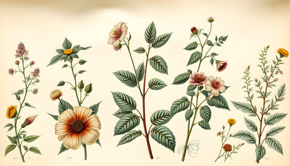 A sheet of antique botanical lithography of the 1890s-1900s with images of plants, papercraft, with white tones