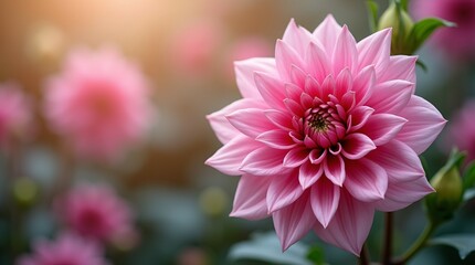 Obraz premium Pink Dahlia Flower Captured In High Detail Highlighting Its Vibrant Petals.