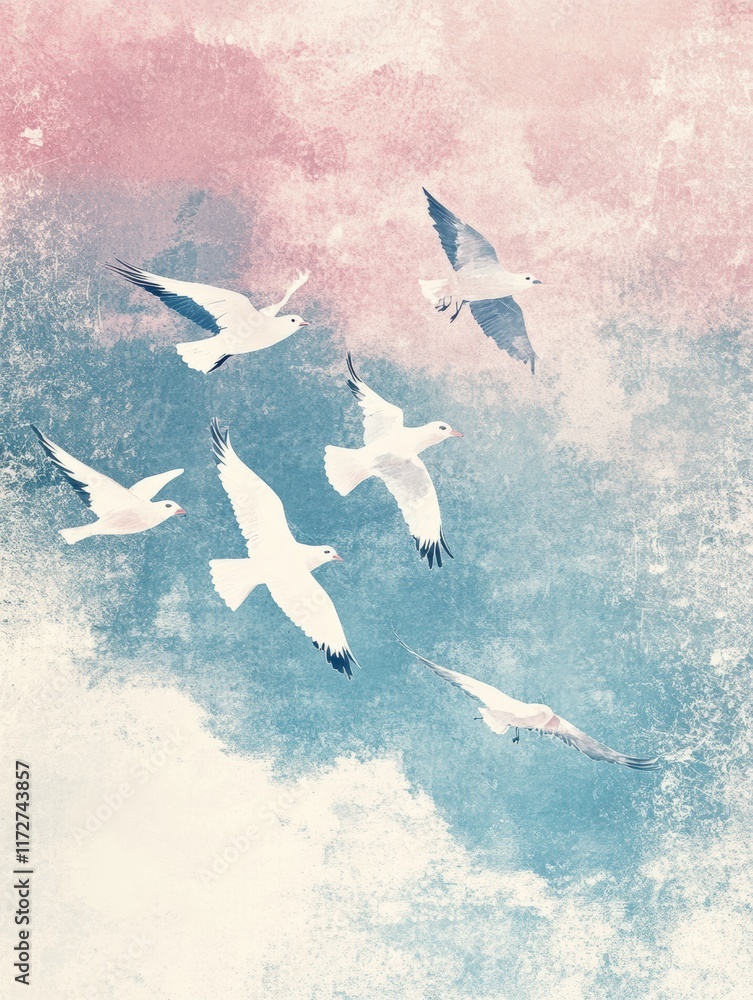 Poster birds soar through a pastel sky filled with soft clouds and vibrant colors at sunset in a serene lan