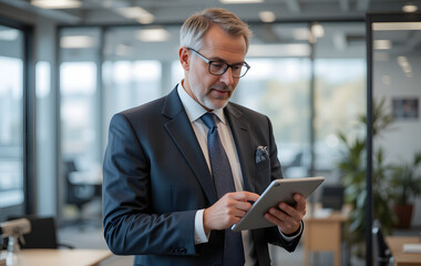 Busy mature older business man executive standing in office using digital tablet. Middle aged professional businessman corporate manager wearing suit and glasses holding tab working on finance project