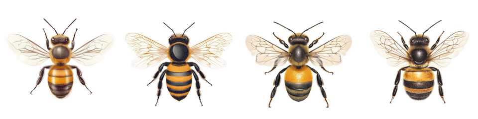 Fototapeta premium Detailed close up shots of various species of buzzing bee insects including honeybees and bumblebees captured in their natural environment