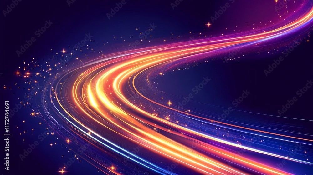Poster abstract glowing light trails curve across dark background