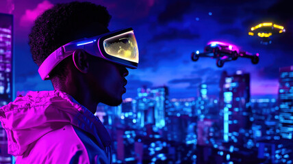 Fototapeta premium A neon-soaked futuristic cityscape viewed from a rooftop, with flying vehicles streaking through the sky and holograms casting vibrant lights over towering skyscrapers in a cyberpunk atmosphere.