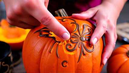 Creative Halloween Fun - Close-up of meticulous hands carving intricate design into pumpkin