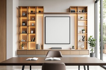 Obraz premium Blank white poster in modern interior with lit shelves, plants, and wooden furniture. Bright, cozy background. Concept of design template. Ai generative