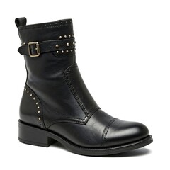 A stylish black leather women biker boot isolated on white background, footwear