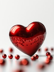 A shiny red heart-shaped ornament surrounded by small red beads, symbolizing love and affection.