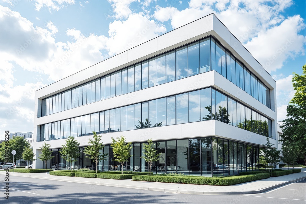 Poster a modern office building with large glass windows, surrounded by trees and shrubs on a sunny day wit