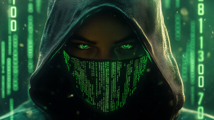 Futuristic figure in a hood with a glowing green digital mask in a cyberpunk cityscape.
