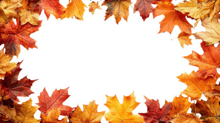 Obraz premium Autumn maple leaves border with vibrant orange, red, and yellow foliage, seasonal frame for fall-themed design, nature background isolated on transparent background
