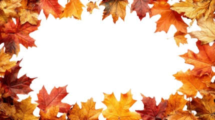 Autumn maple leaves border with vibrant orange, red, and yellow foliage, seasonal frame for fall-themed design, nature background isolated on transparent background