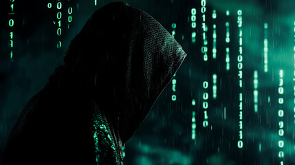 Futuristic figure in a hood with a glowing green digital mask in a cyberpunk cityscape.