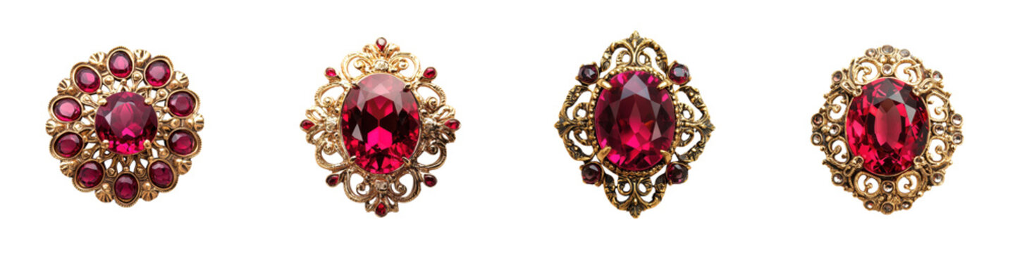 Exquisite collection of luxurious ruby and gold jewelry pieces featuring ornate vintage inspired designs with intricate detailing and precious gemstones  These opulent accessories exude elegance