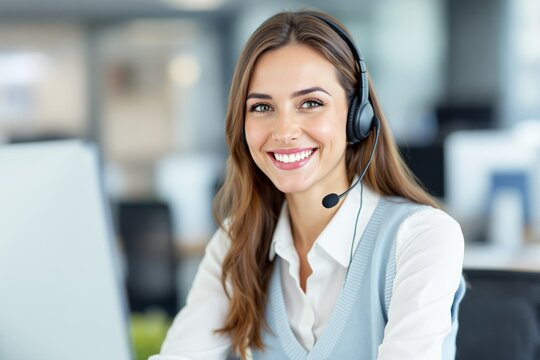 Friendly woman wearing a headset, smiling while working in an office, professional atmosphere, customer service concept, Ai generative