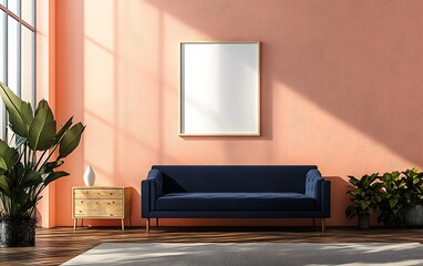 Modern living room, coral wall, blue sofa, sunlight, plants, mockup.