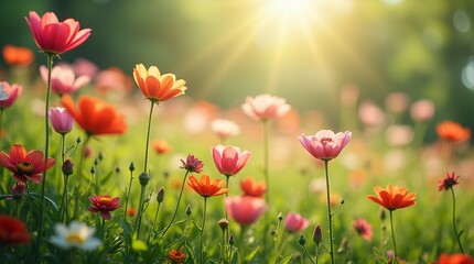 Naklejka premium Vibrant Wildflowers Blooming Under the Golden Sunlight.