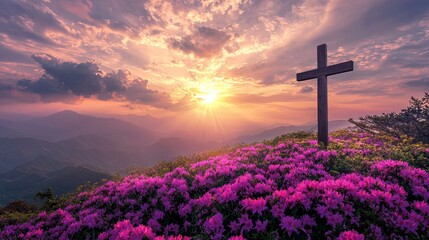 Easter Morning Sunrise with Cross and Blooming Pink Flowers